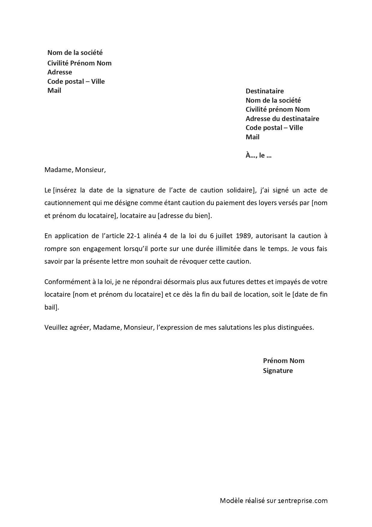 Lettre pour ne plus être garant